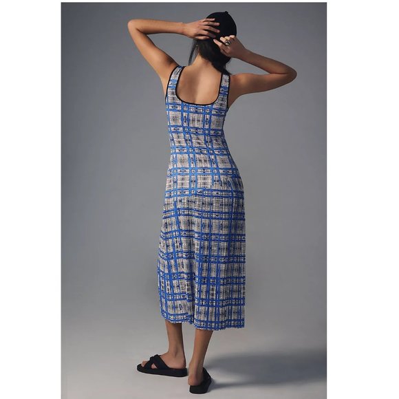 ๐ Anthropologie Dhruv Kapoor Plaid Mesh Midi Dress - Blue White Plaid XL - Picture 14 of 15